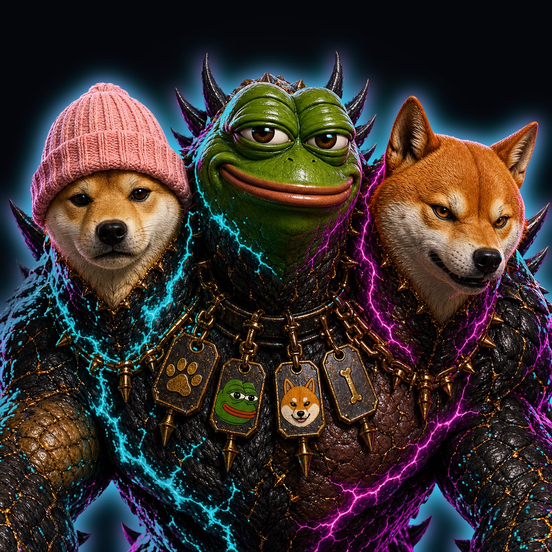 The Memehydra — doge, pepe and shiba heads, HD character closeup