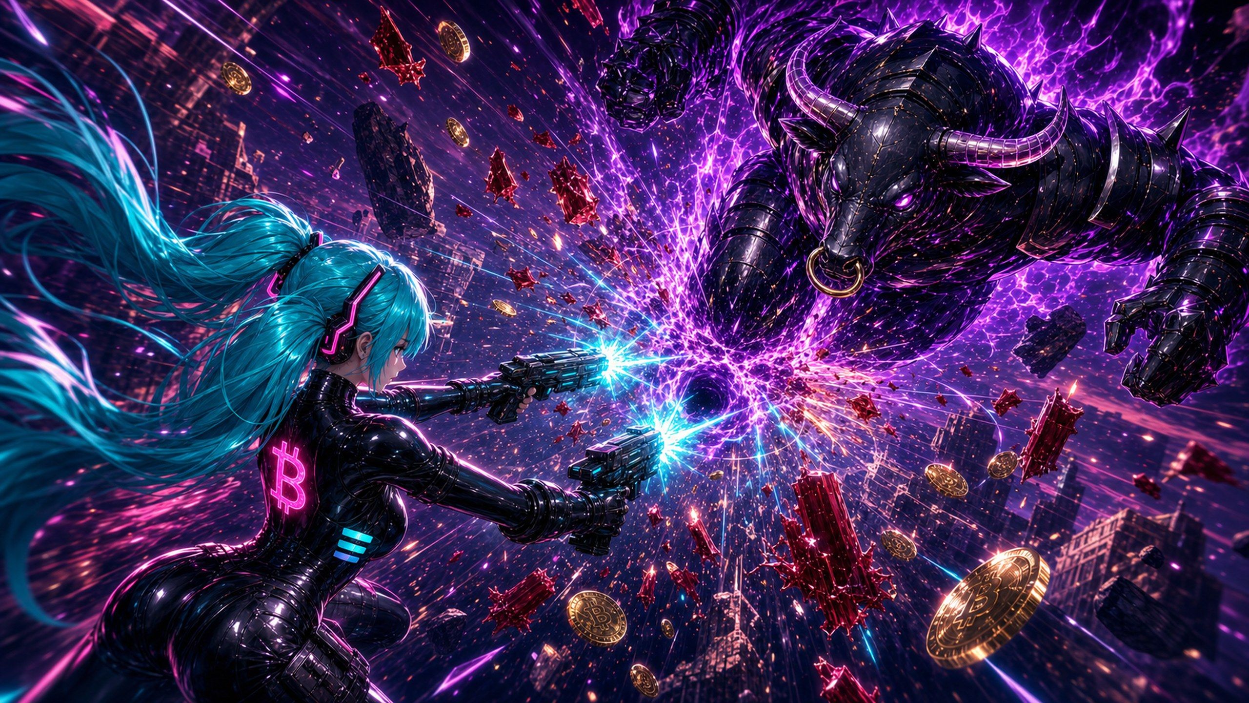 BOUNTYCHAN versus BLACK BULL — the armored bull charging through violet fire