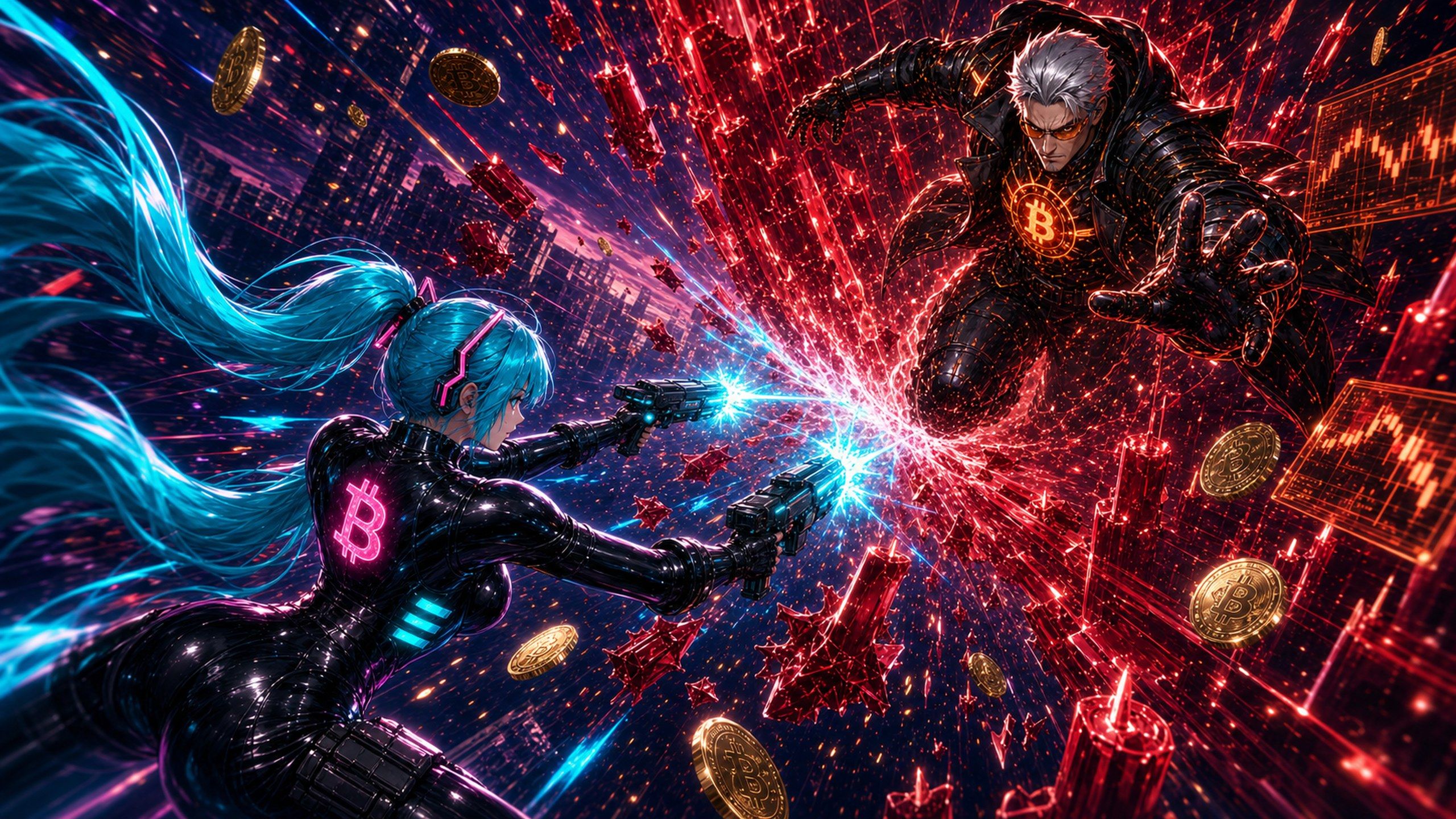 BOUNTYCHAN versus MICHAEL SELLER — cinematic versus splash against the red candle storm