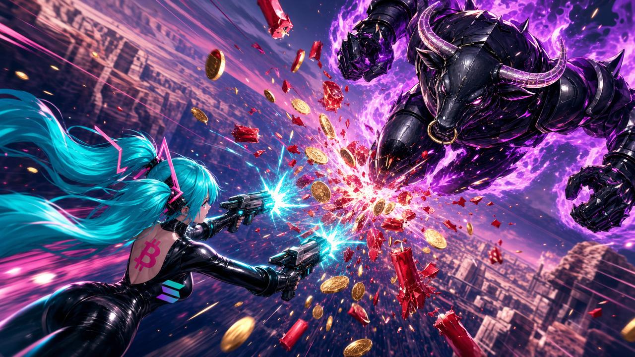 BOUNTYCHAN — the bounty hunter, pink ₿ on her back — twin blasters blazing against the BLACK BULL mid-charge, candles and coins exploding at the collision