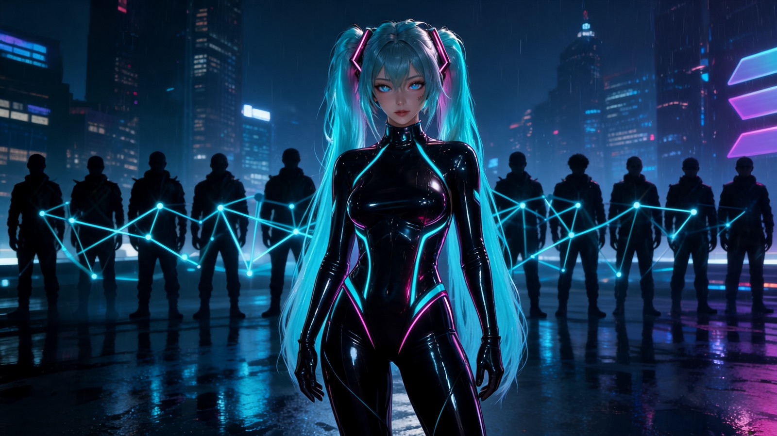 bountychan commanding a network of runner silhouettes — the syndicate she hires and pays